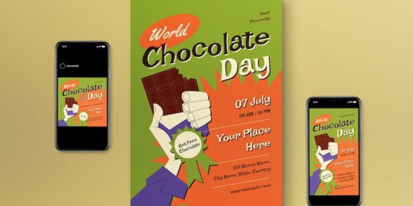 Banner image of Premium Green Mid-Century World Chocolate Day Flyer Set  Free Download