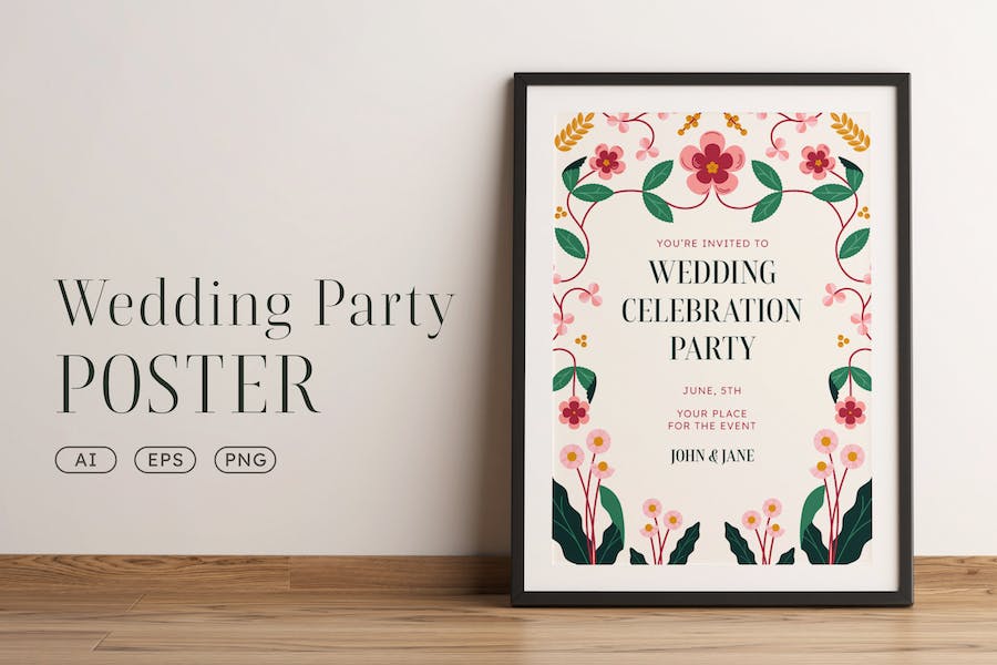 Banner image of Premium Wedding Party Flower Wreath Vector Poster Template  Free Download