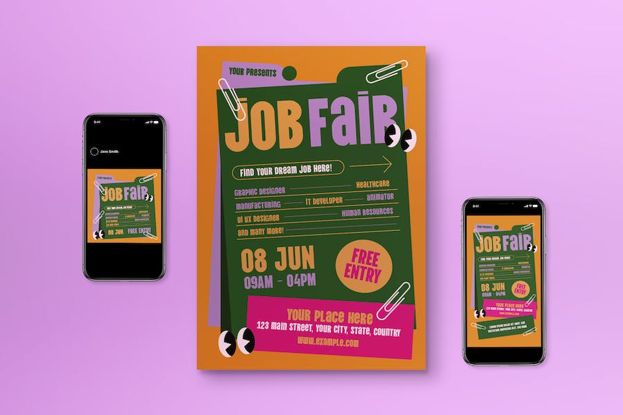 Banner image of Premium Orange Flat Design Job Fair Flyer Set   Free Download