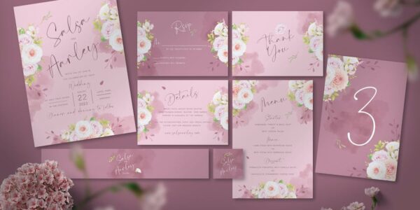 Banner image of Premium Pink Flower Wedding Invitation Set  Free Download
