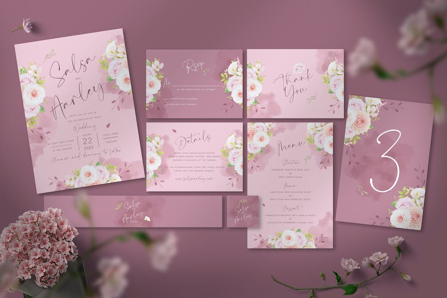Banner image of Premium Pink Flower Wedding Invitation Set  Free Download