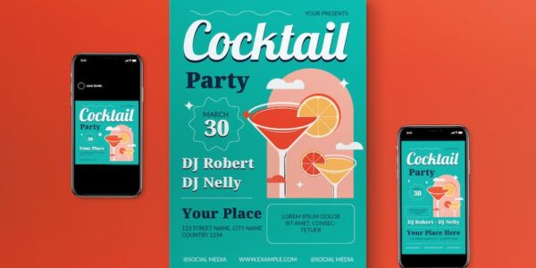 Banner image of Premium Teal Flat Design Cocktail Party Flyer Set  Free Download