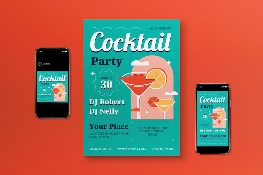 Banner image of Premium Teal Flat Design Cocktail Party Flyer Set  Free Download