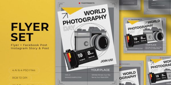 Banner image of Premium Grey Minimalist World Photography Day Flyer Set  Free Download