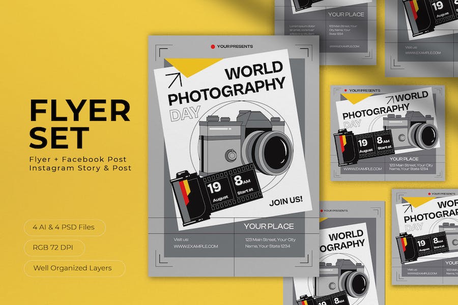Banner image of Premium Grey Minimalist World Photography Day Flyer Set  Free Download