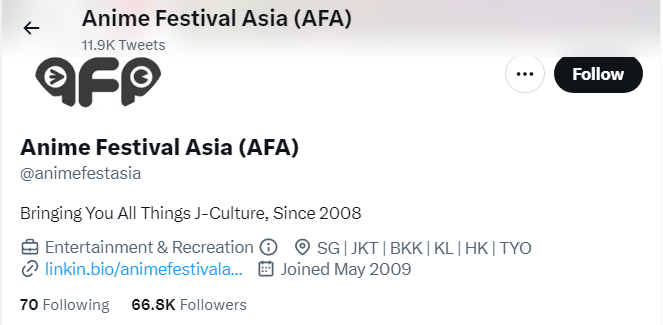 A profile image of the twitter account of Anime Festival Asia (AFA)