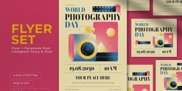 Banner image of Premium Blue Geometric World Photography Day Flyer Set  Free Download