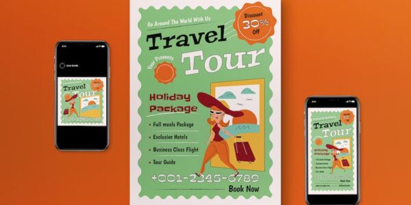 Banner image of Premium Green Mid-Century Travel Tour Flyer Set  Free Download