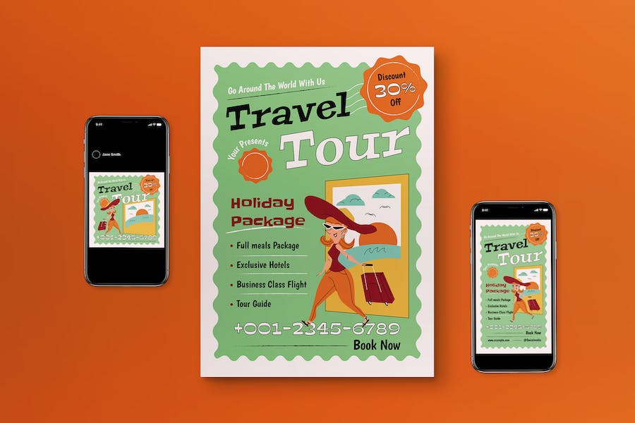 Banner image of Premium Green Mid-Century Travel Tour Flyer Set  Free Download