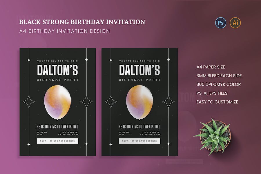 Banner image of Premium Black Strong Birthday Invitation  Free Download