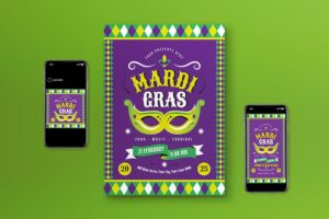 Banner image of Premium Purple Flat Design Mardi Gras Flyer Set  Free Download