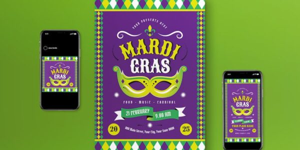 Banner image of Premium Purple Flat Design Mardi Gras Flyer Set  Free Download