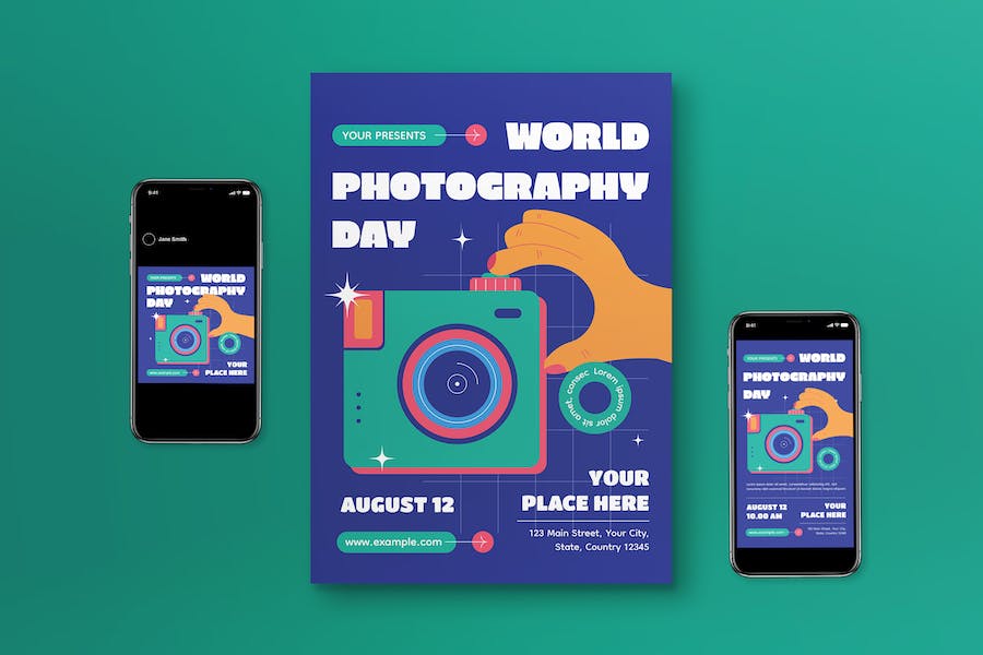 Banner image of Premium Blue Hand Drawn World Photography Day Flyer Set  Free Download