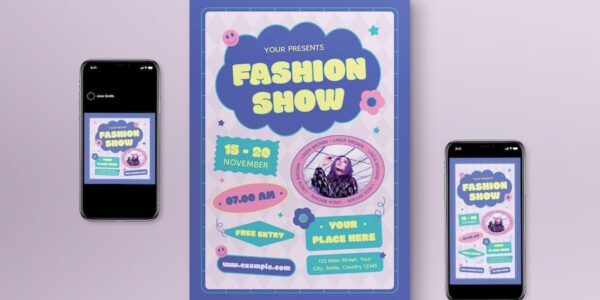 Banner image of Premium Purple Hand-Drawn Fashion Show Flyer Set  Free Download
