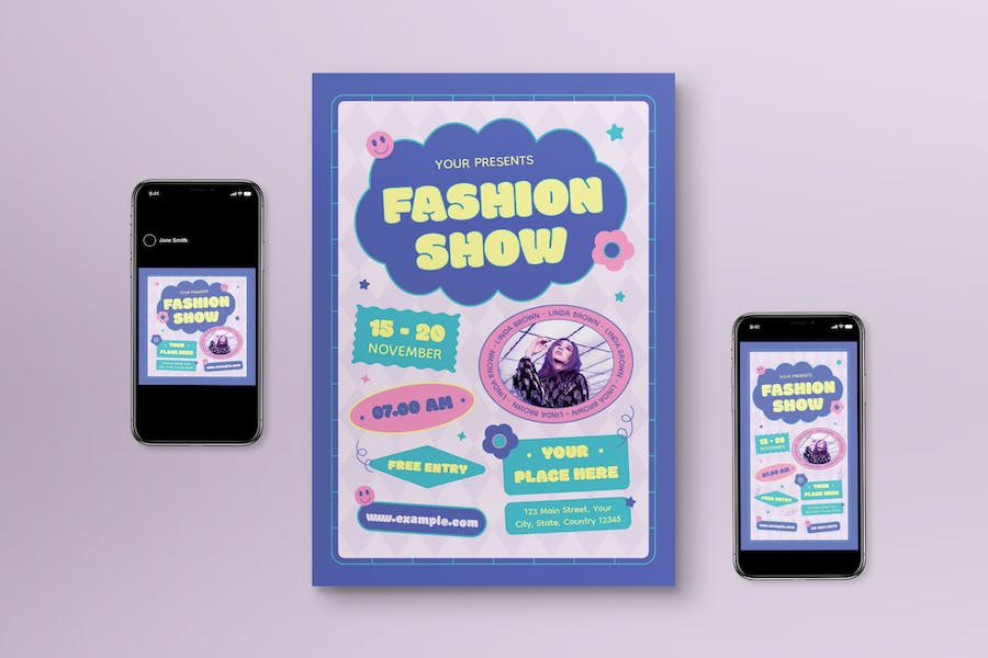 Banner image of Premium Purple Hand-Drawn Fashion Show Flyer Set  Free Download