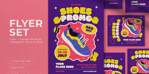 Banner image of Premium Purple Flat Design Shoes Promo Flyer Set  Free Download
