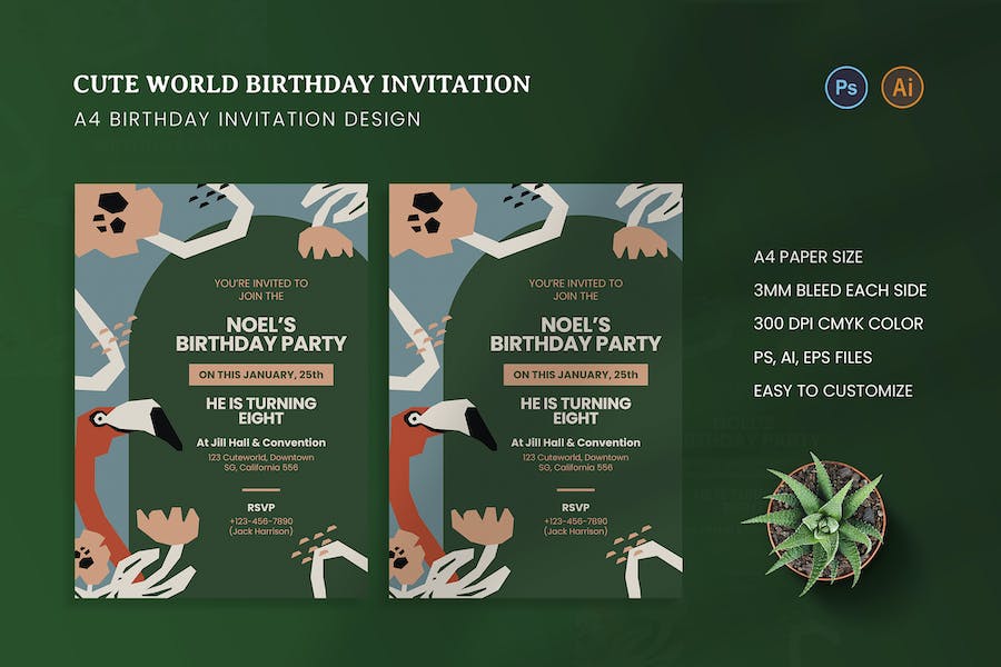 Banner image of Premium Cute World Birthday Invitation  Free Download