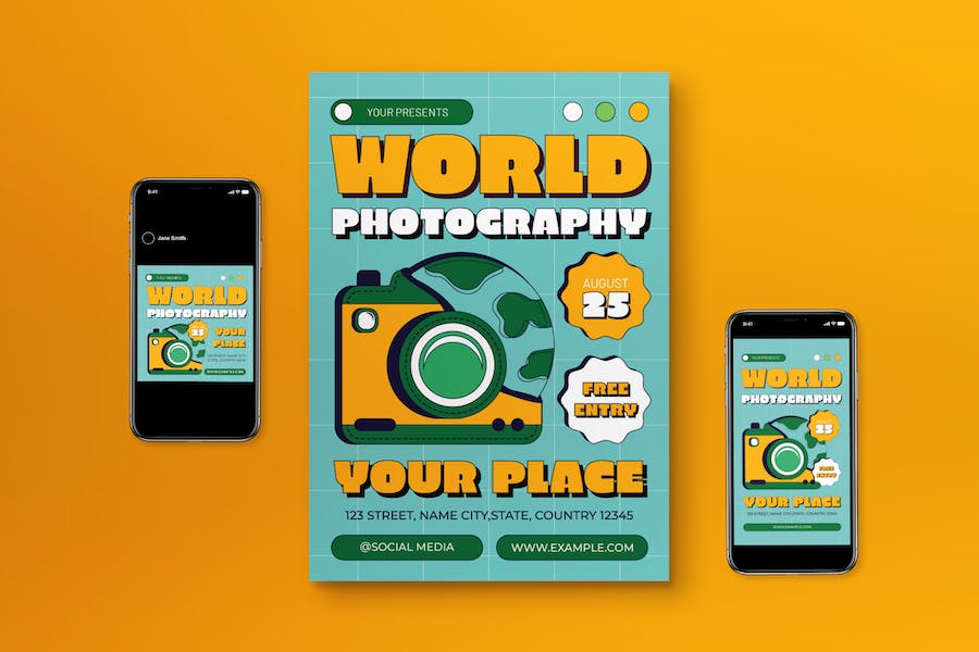 Banner image of Premium Green Flat Design World Photography Flyer Set  Free Download