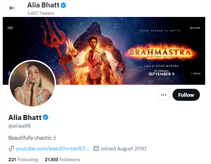An Image of Alia Bhatt Twitter Profile