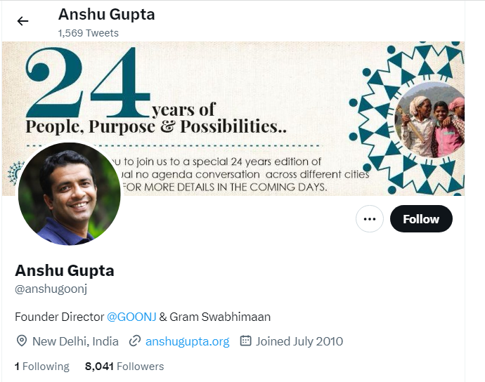An Image of Anshu Gupta Twitter Profile