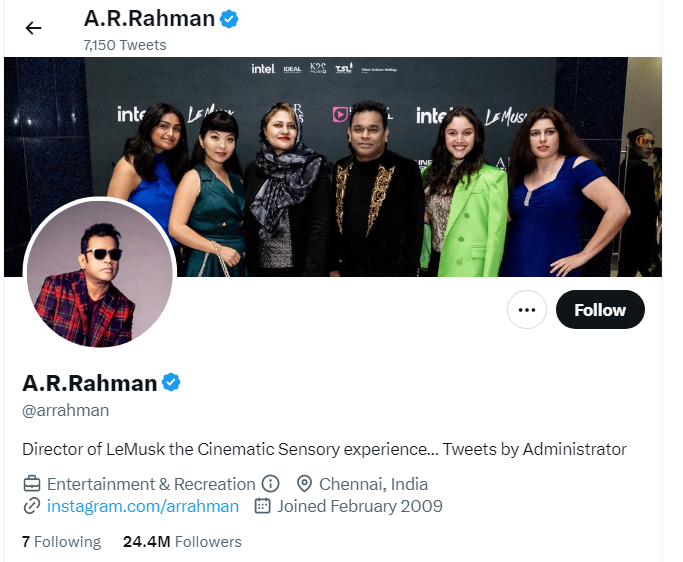 An Image of A.R. Rahman Twitter Profile