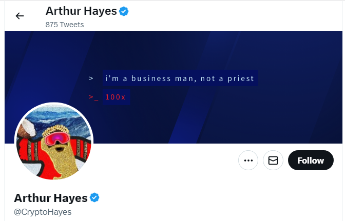 A profile image of the twitter account of Arthur Hayes