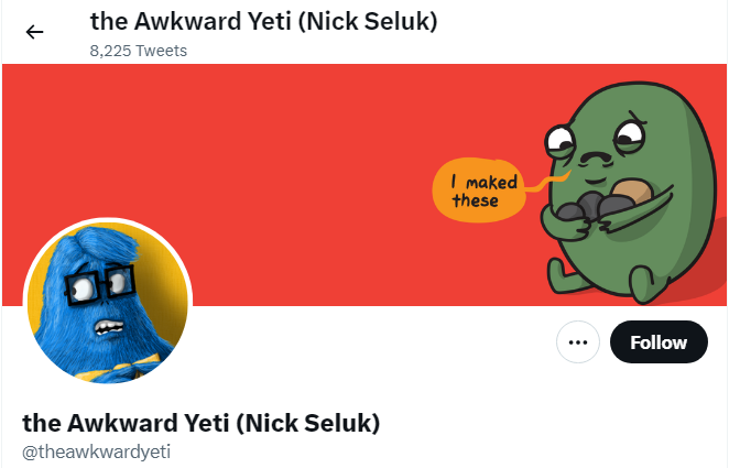 A profile image of the twitter account of the Awkward Yeti (Nick Seluk)