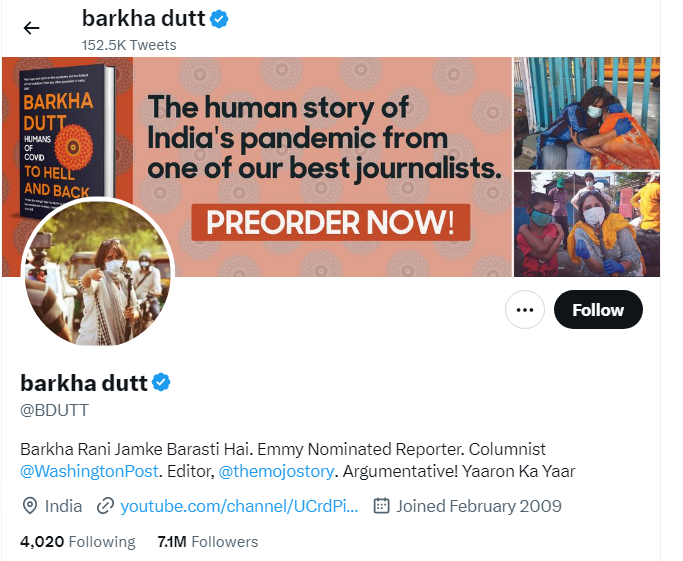 An Image of Barkha Dutt Twitter Profile