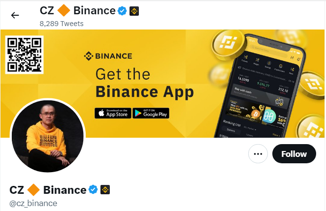 A profile image of the twitter account of CZ Binance