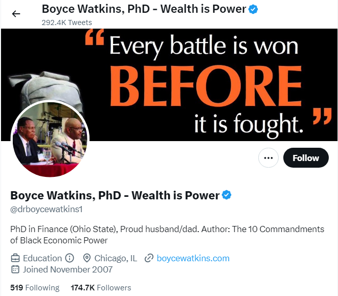 A profile image of the twitter account of Boyce Watkins, PhD - Wealth is Power