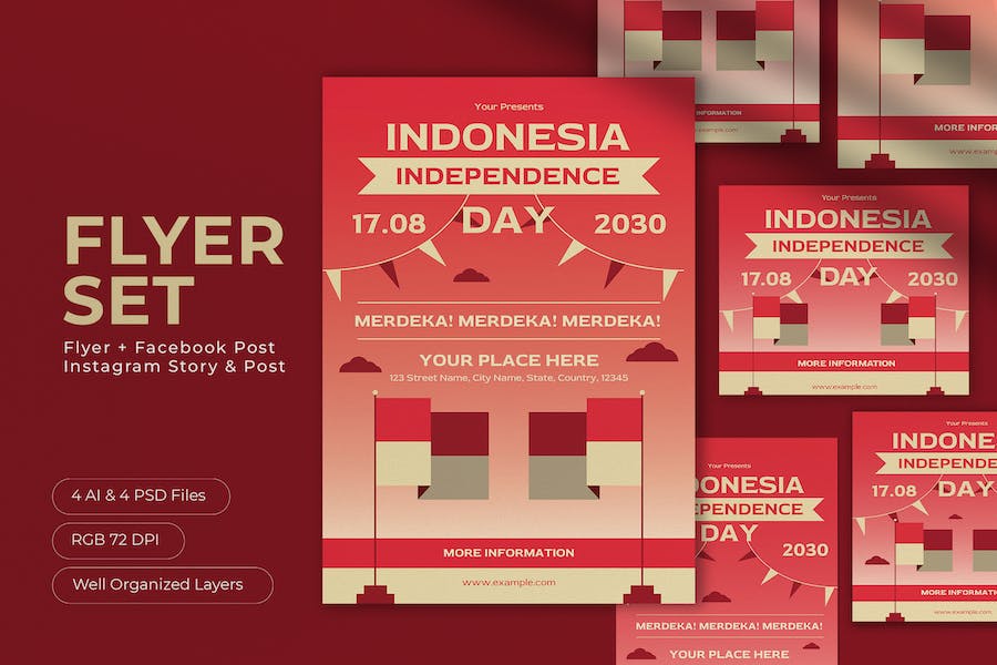 Banner image of Premium Red Gradient Indonesia Day Flyer Set  Free Download