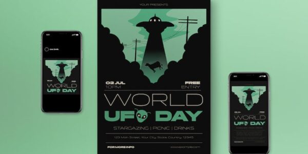 Banner image of Premium Green Flat Design World UFO Day Flyer Set  Free Download