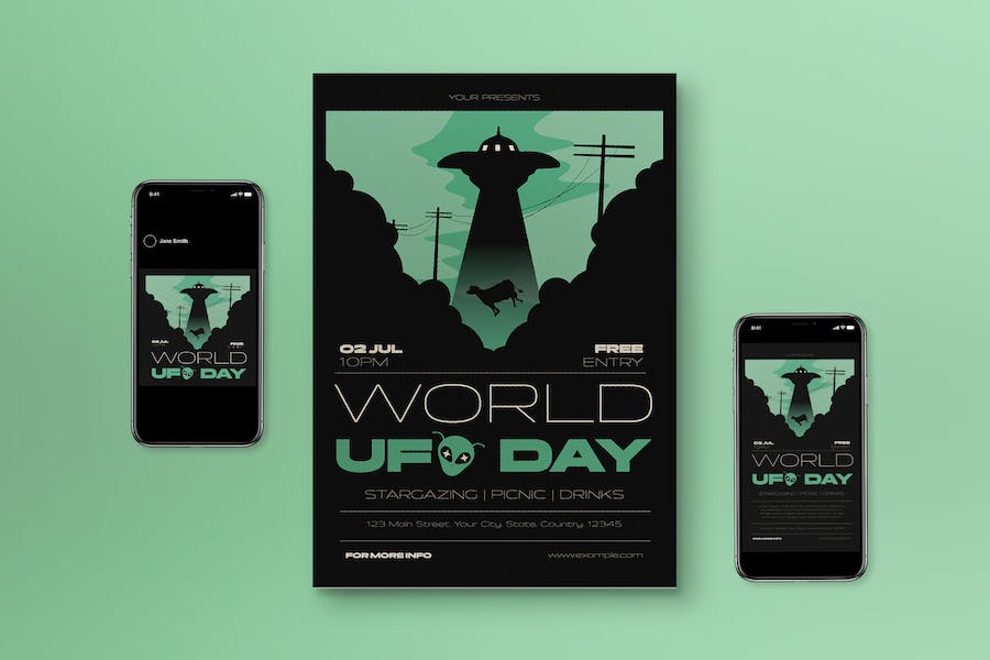 Banner image of Premium Green Flat Design World UFO Day Flyer Set  Free Download