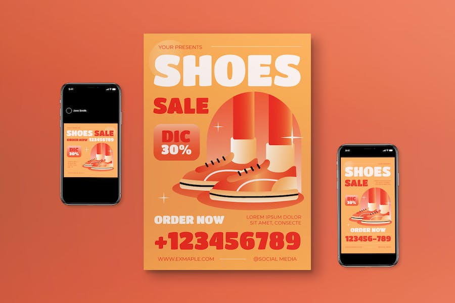 Banner image of Premium Orange Gradient Flat Design Shoes Promo Flyer Set  Free Download