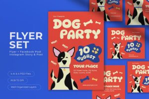 Banner image of Premium Red Flat Design Dog Party Flyer Set  Free Download