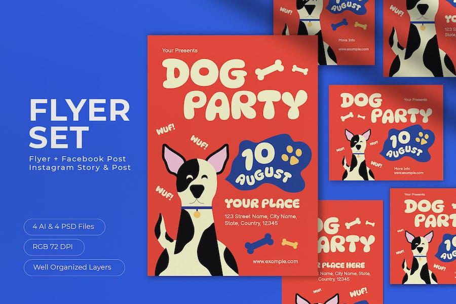 Banner image of Premium Red Flat Design Dog Party Flyer Set  Free Download