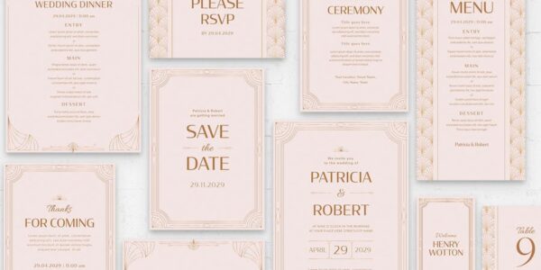 Banner image of Premium Pink Art Deco Wedding Stationery Templates  Free Download