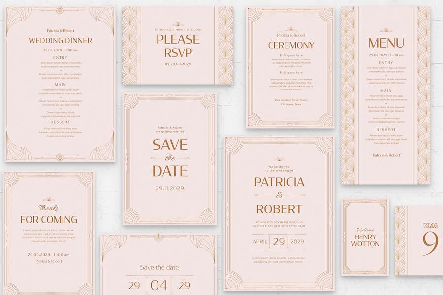 Banner image of Premium Pink Art Deco Wedding Stationery Templates  Free Download