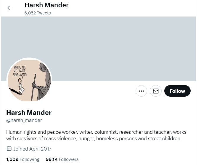 An Image of Harsh Mander Twitter Profile
