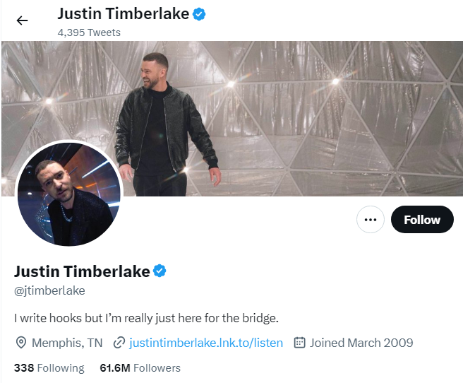 An profile Image of the official twitter account of Justin Timberlake