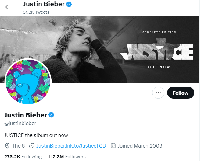 An Image of Justin Bieber twitter profile image