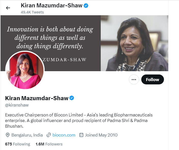 An Image of Kiran Mazumdar-Shaw Twitter Profile