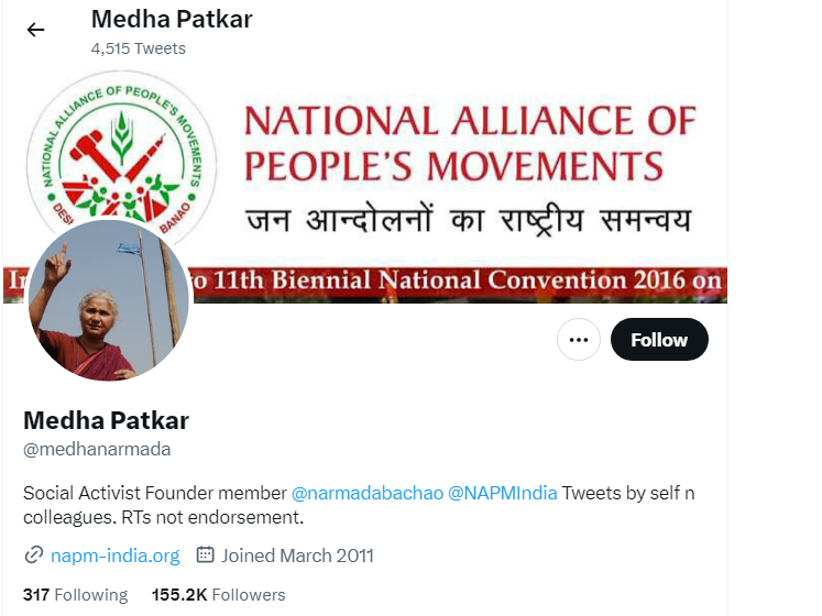 An Image of Medha Patkar Twitter Profile