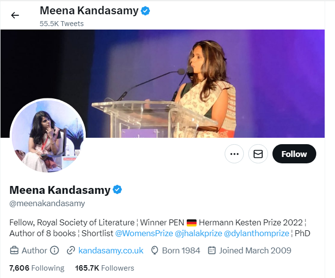 An Image of Meena Kandasamy Twitter Profile