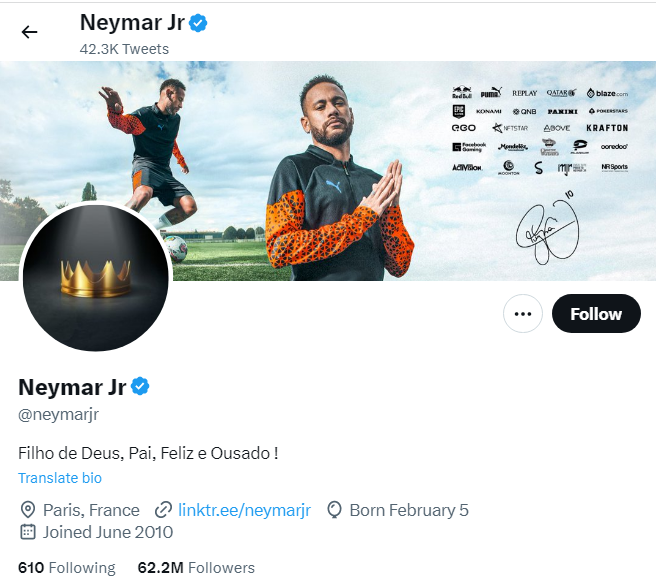 An profile Image of the official twitter account of Neymar Jr