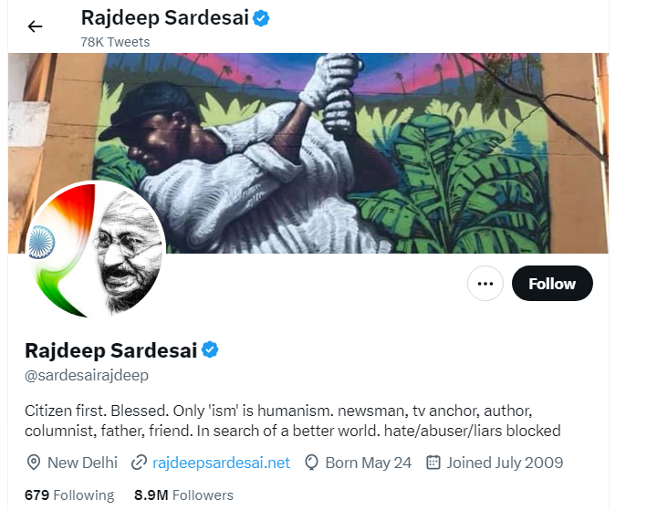An Image of Rajdeep Sardesai Twitter Profile