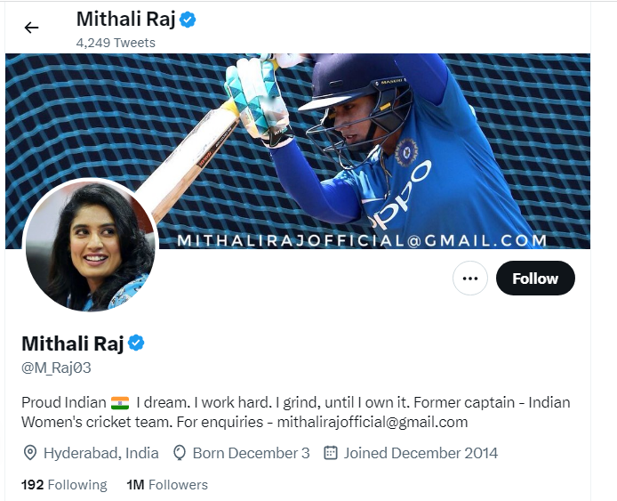 An Image of Mithali Raj Twitter Profile