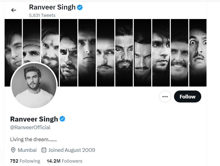 An Image of Ranveer Singh Twitter Profile
