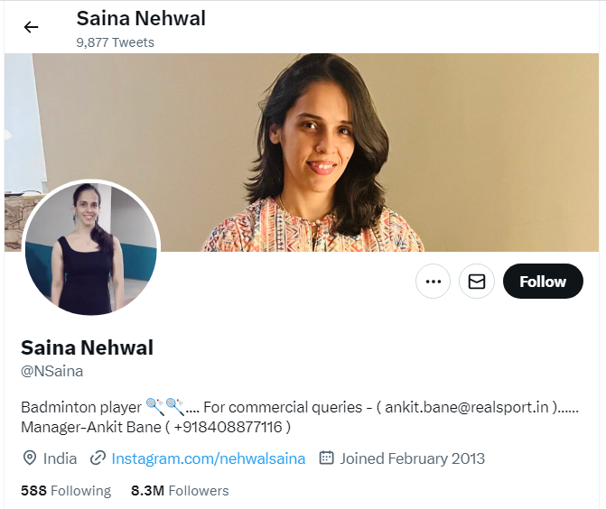 An Image of Saina Nehwal Twitter Profile