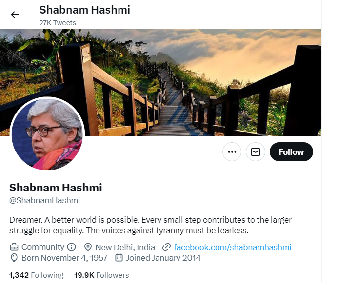 An Image of Shabnam Hashmi Twitter Profile